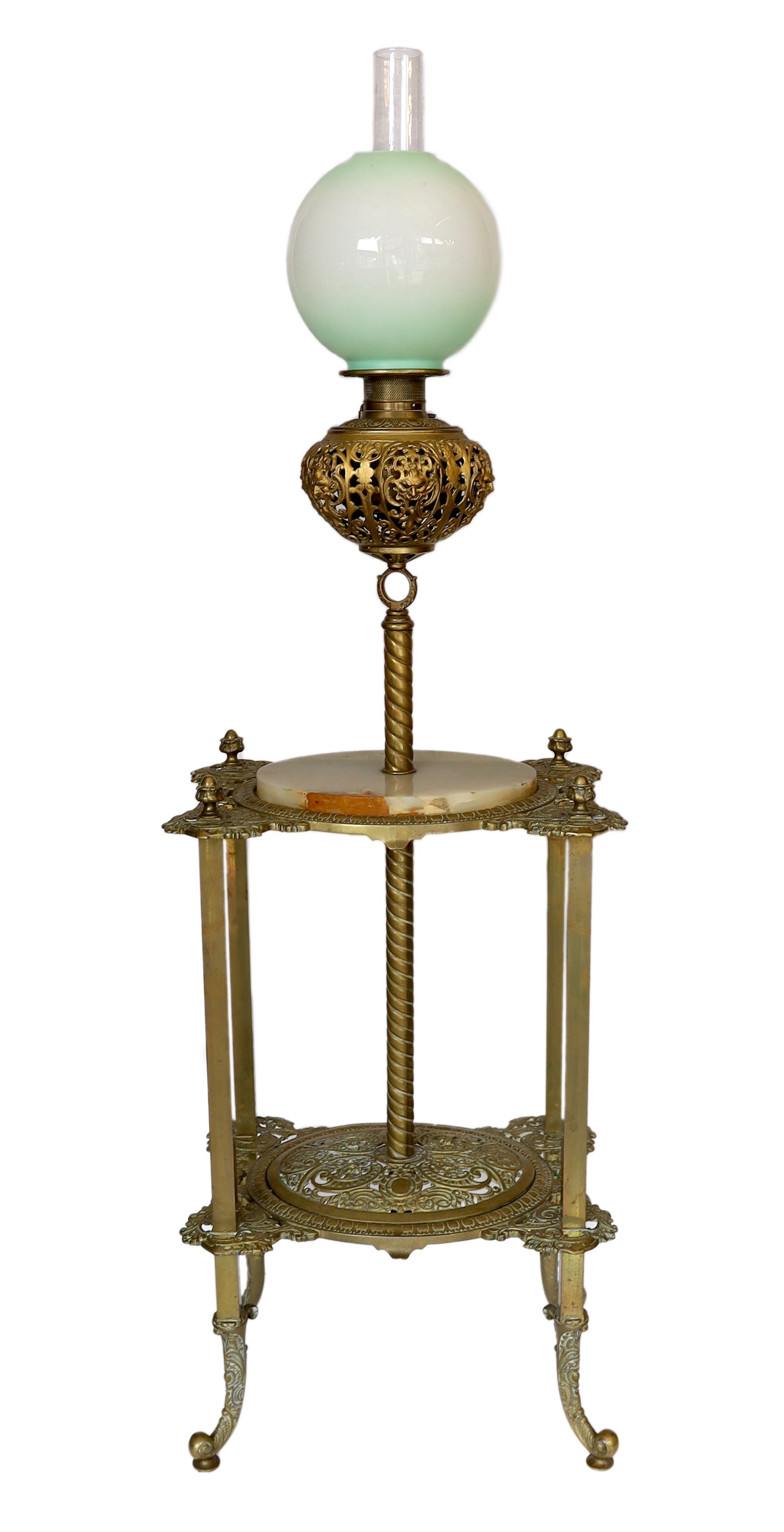 A late 19th century English pierced brass green onyx and glass lamp standard etagere, height overall 154cm, width 48cm